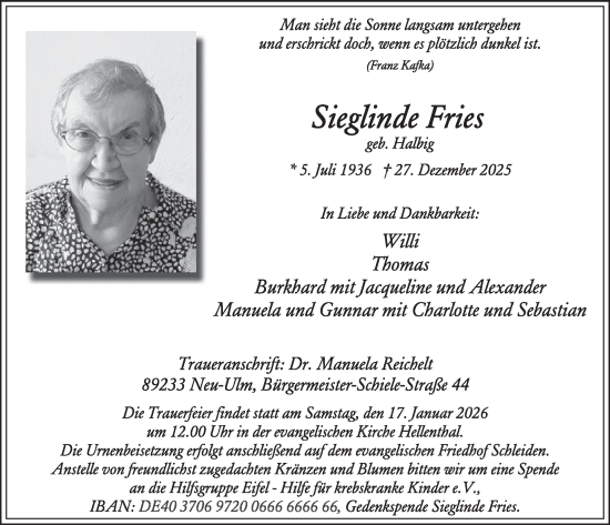 Traueranzeige von Sieglinde Fries von WochenSpiegel