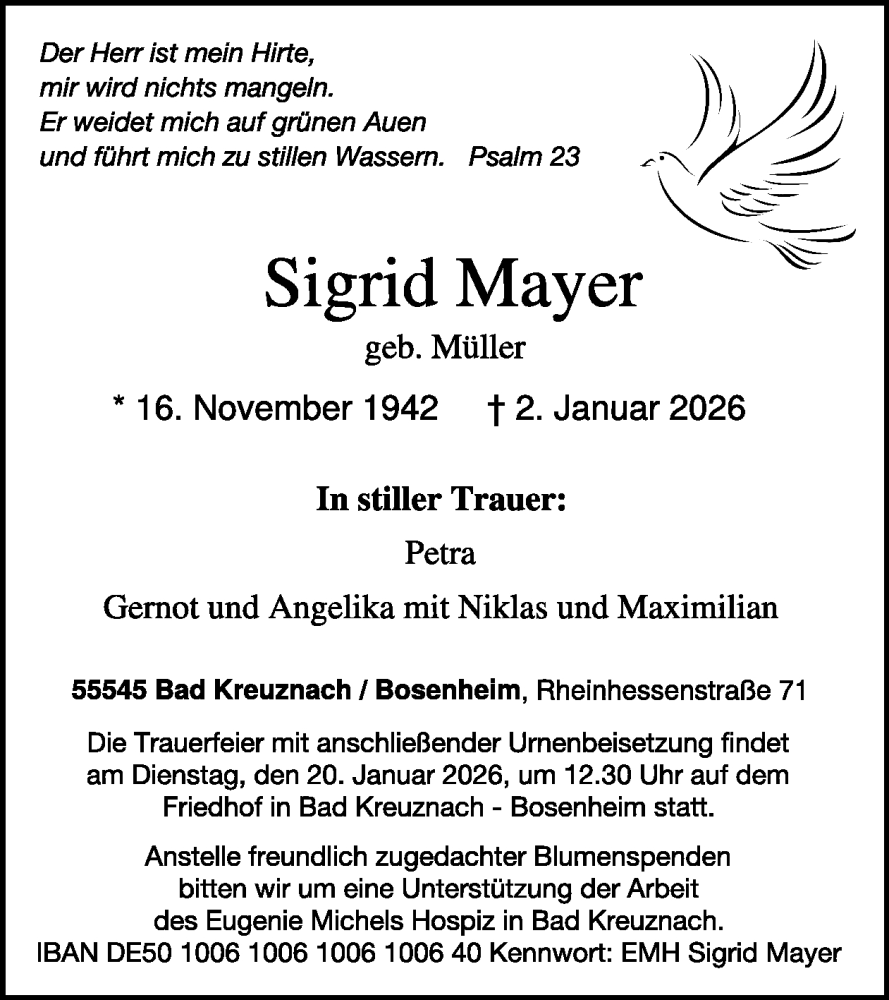  Traueranzeige für Sigrid Mayer vom 17.01.2026 aus WochenSpiegel
