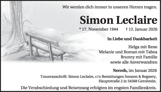 Traueranzeige von Simon Leclaire von WochenSpiegel
