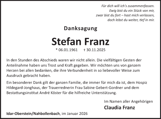 Traueranzeige von Stefan Franz von WochenSpiegel