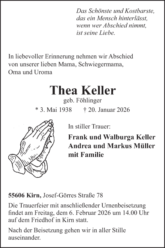 Traueranzeige von Thea Keller von WochenSpiegel