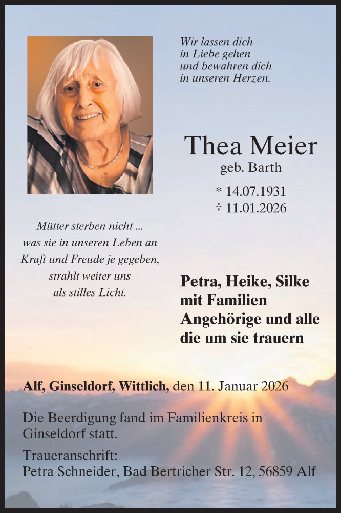  Traueranzeige für Thea Meier vom 21.01.2026 aus WochenSpiegel