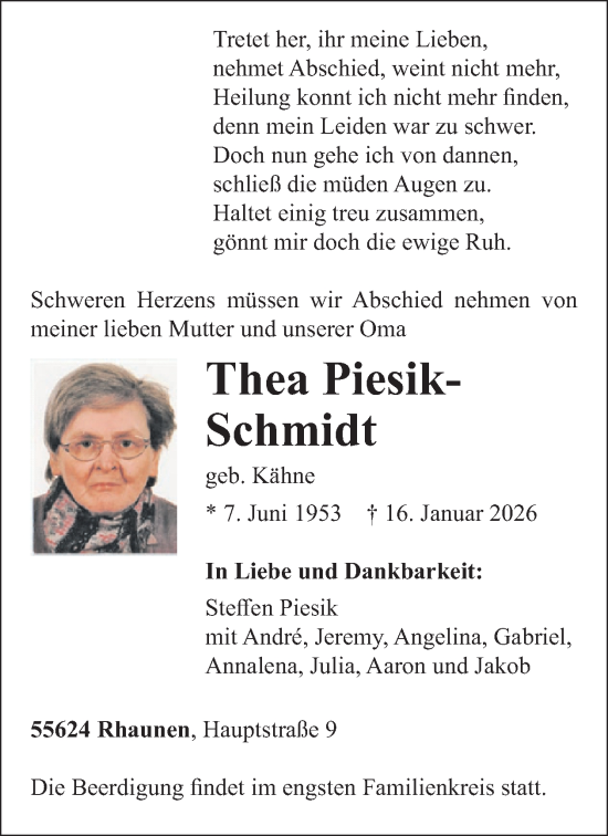 Traueranzeige von Thea Piesik-Schmidt von WochenSpiegel