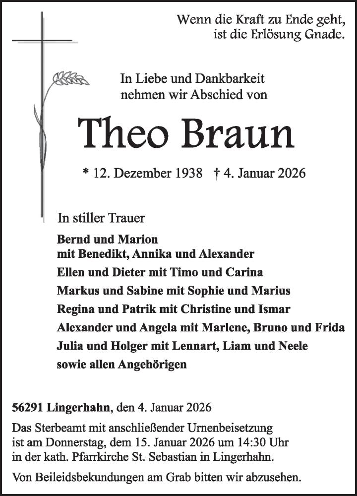  Traueranzeige für Theo Braun vom 10.01.2026 aus WochenSpiegel