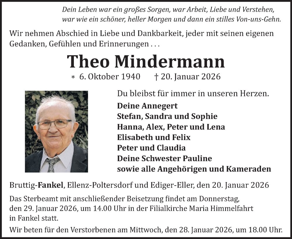  Traueranzeige für Theo Mindermann vom 28.01.2026 aus WochenSpiegel