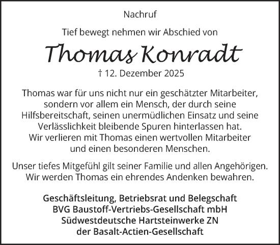 Traueranzeige von Thomas Konradt von WochenSpiegel