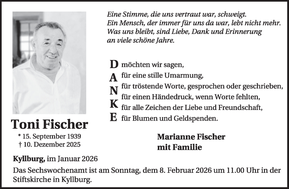  Traueranzeige für Toni Fischer vom 30.01.2026 aus WochenSpiegel