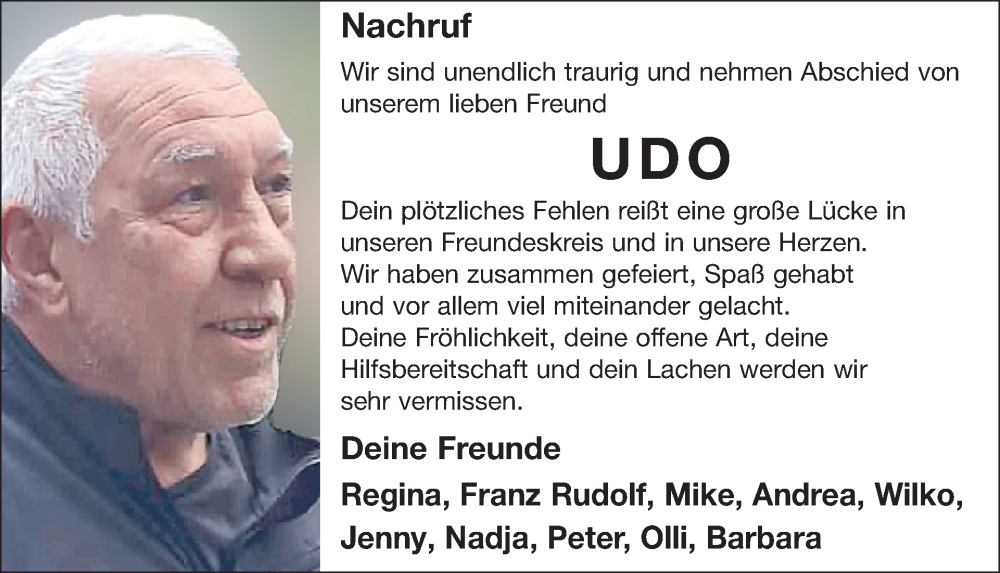  Traueranzeige für UDO  vom 17.01.2026 aus WochenSpiegel