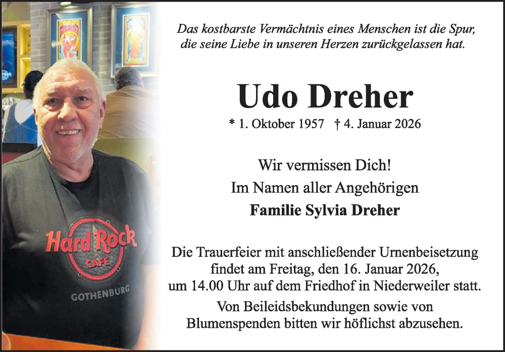  Traueranzeige für Udo Dreher vom 10.01.2026 aus WochenSpiegel