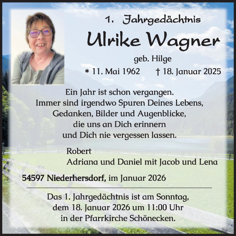  Traueranzeige für Ulrike Wagner vom 09.01.2026 aus WochenSpiegel