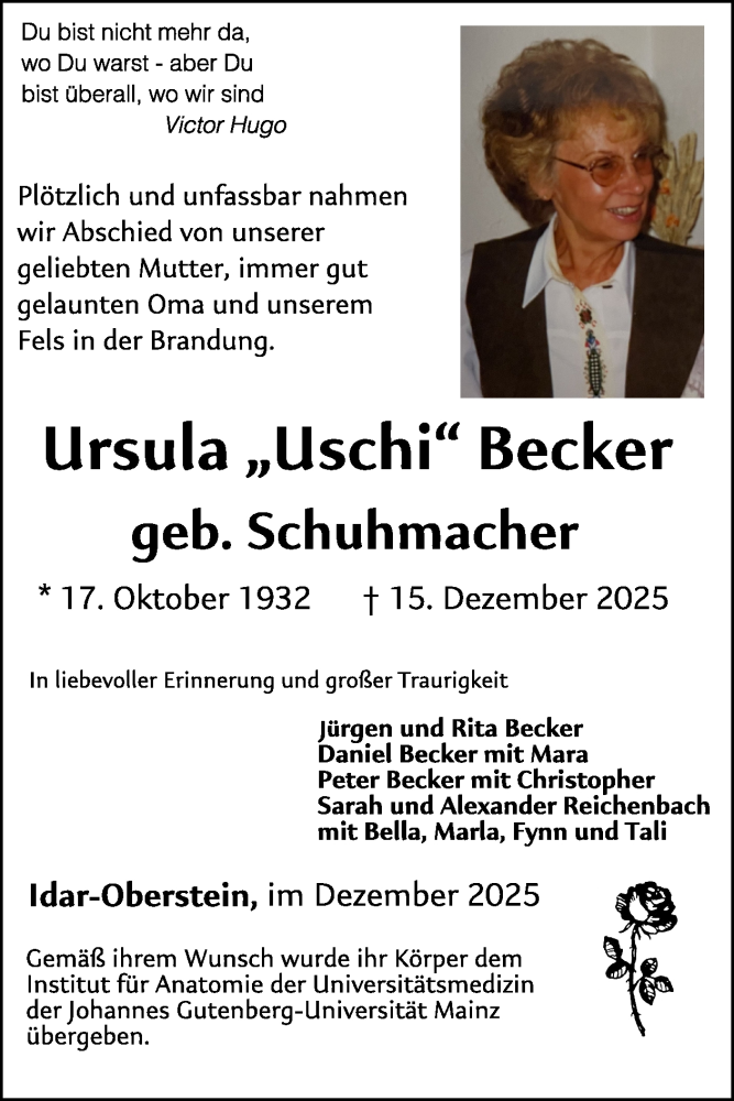  Traueranzeige für Ursula Becker vom 03.01.2026 aus WochenSpiegel