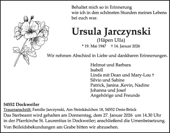Traueranzeige von Ursula Jarczynski von WochenSpiegel