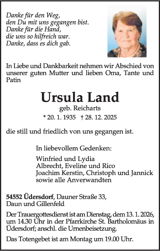 Traueranzeige von Ursula Land von WochenSpiegel