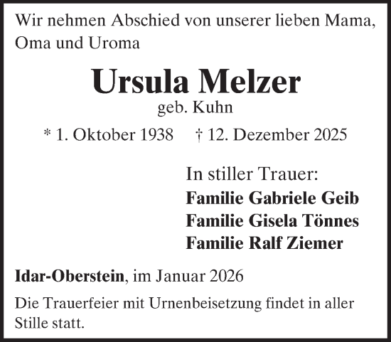 Traueranzeige von Ursula Melzer von WochenSpiegel