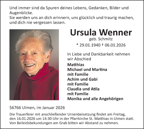 Traueranzeige von Ursula Wenner von WochenSpiegel