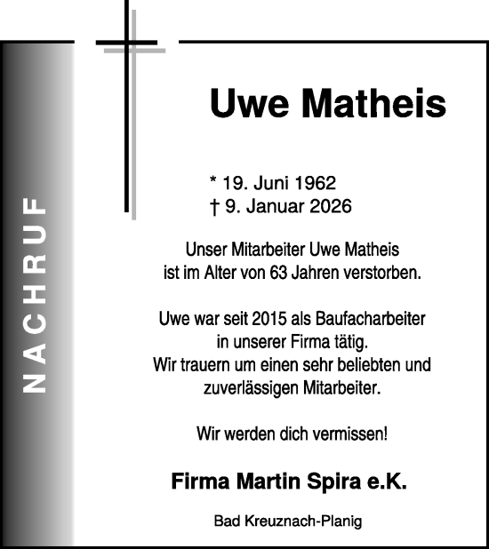Traueranzeige von Uwe Matheis von WochenSpiegel