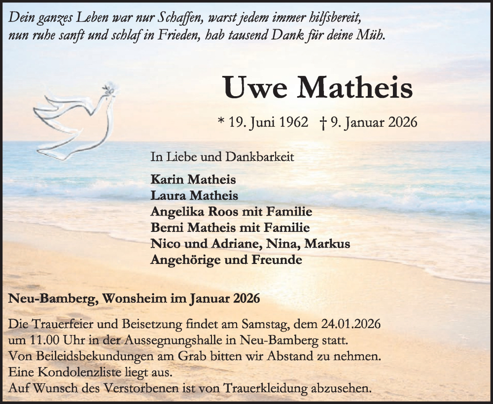  Traueranzeige für Uwe Matheis vom 17.01.2026 aus WochenSpiegel