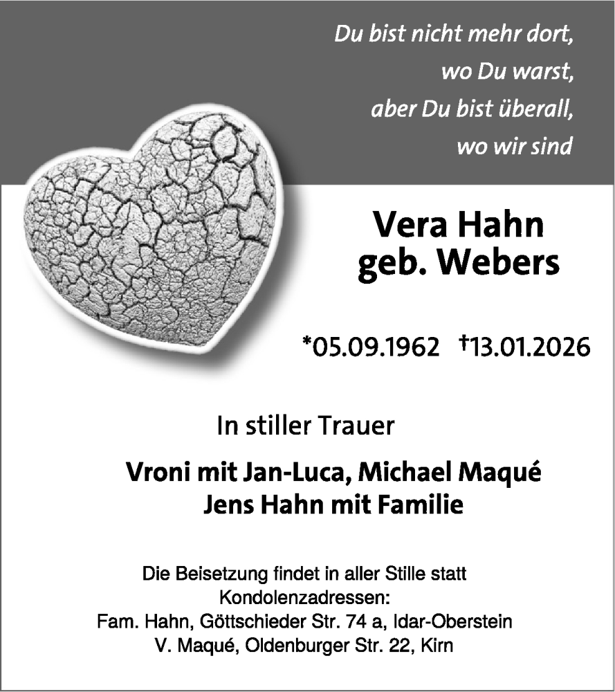  Traueranzeige für Vera Hahn vom 24.01.2026 aus WochenSpiegel