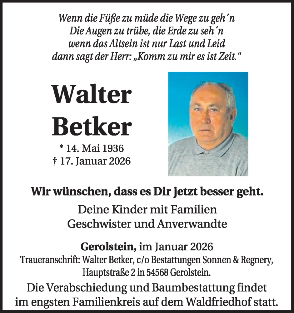  Traueranzeige für Walter Betker vom 31.01.2026 aus WochenSpiegel