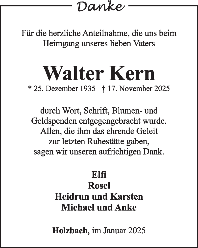  Traueranzeige für Walter Kern vom 03.01.2026 aus WochenSpiegel