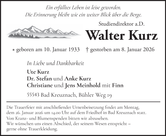 Traueranzeige von Walter Kurz von WochenSpiegel
