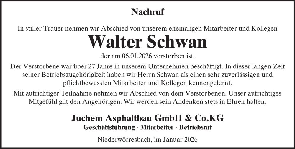  Traueranzeige für Walter Schwan vom 31.01.2026 aus WochenSpiegel