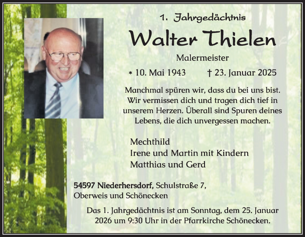  Traueranzeige für Walter Thielen vom 16.01.2026 aus WochenSpiegel