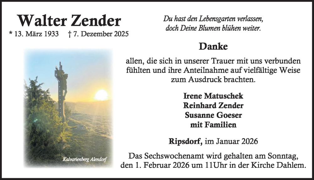  Traueranzeige für Walter Zender vom 24.01.2026 aus WochenSpiegel
