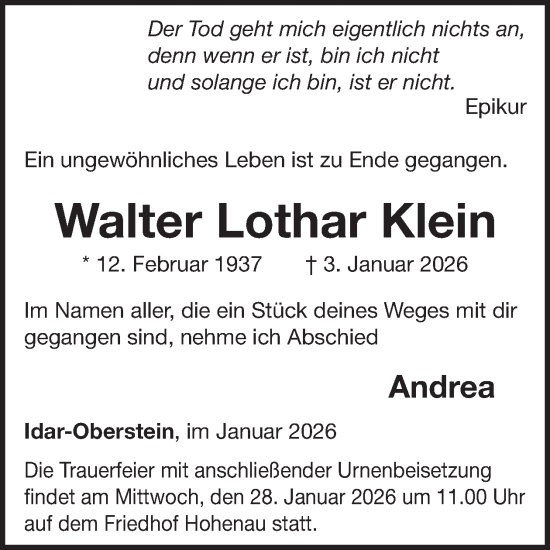 Traueranzeige von Walter Lothar Klein von WochenSpiegel