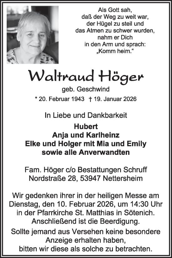 Traueranzeige von Waltraud Höger von WochenSpiegel