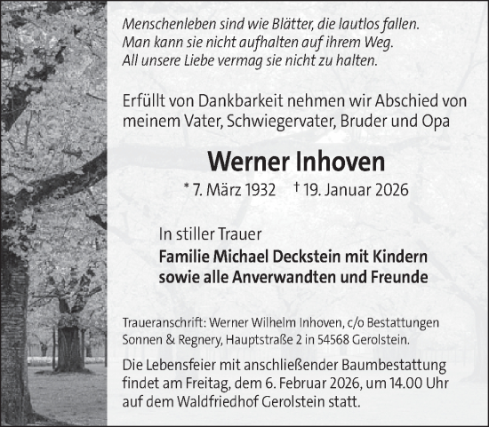 Traueranzeige von Werner Inhoven von WochenSpiegel