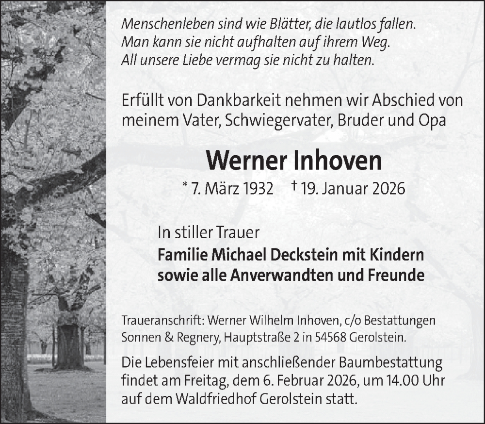  Traueranzeige für Werner Inhoven vom 31.01.2026 aus WochenSpiegel