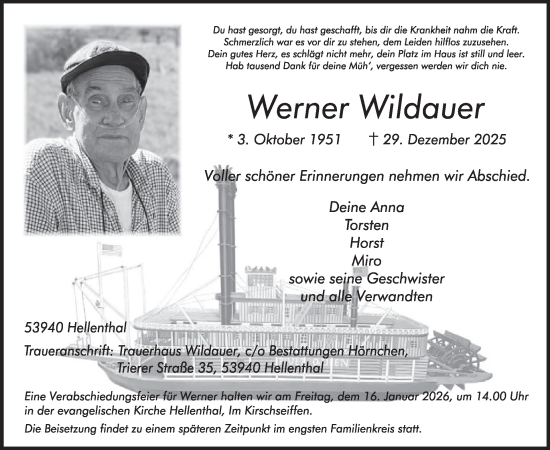 Traueranzeige von Werner Wildauer von WochenSpiegel