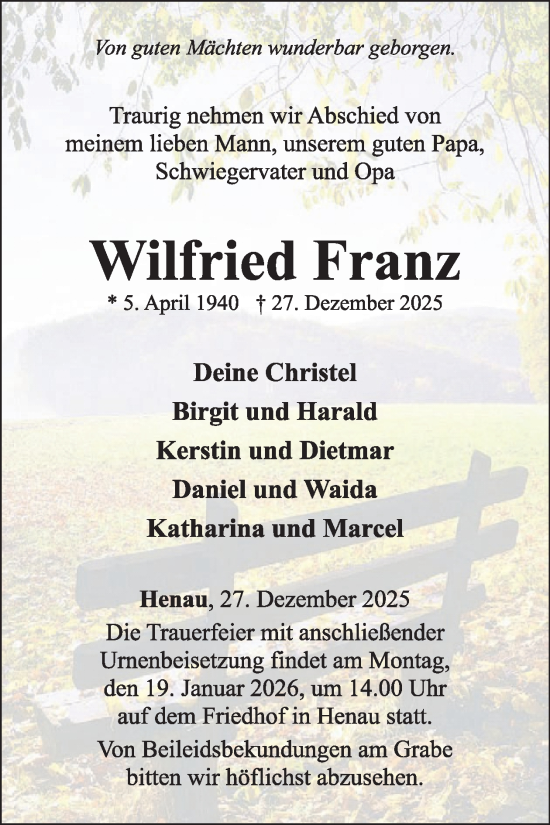 Traueranzeige von Wilfried Franz von WochenSpiegel
