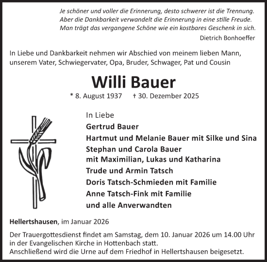Traueranzeige von Willi Bauer von WochenSpiegel