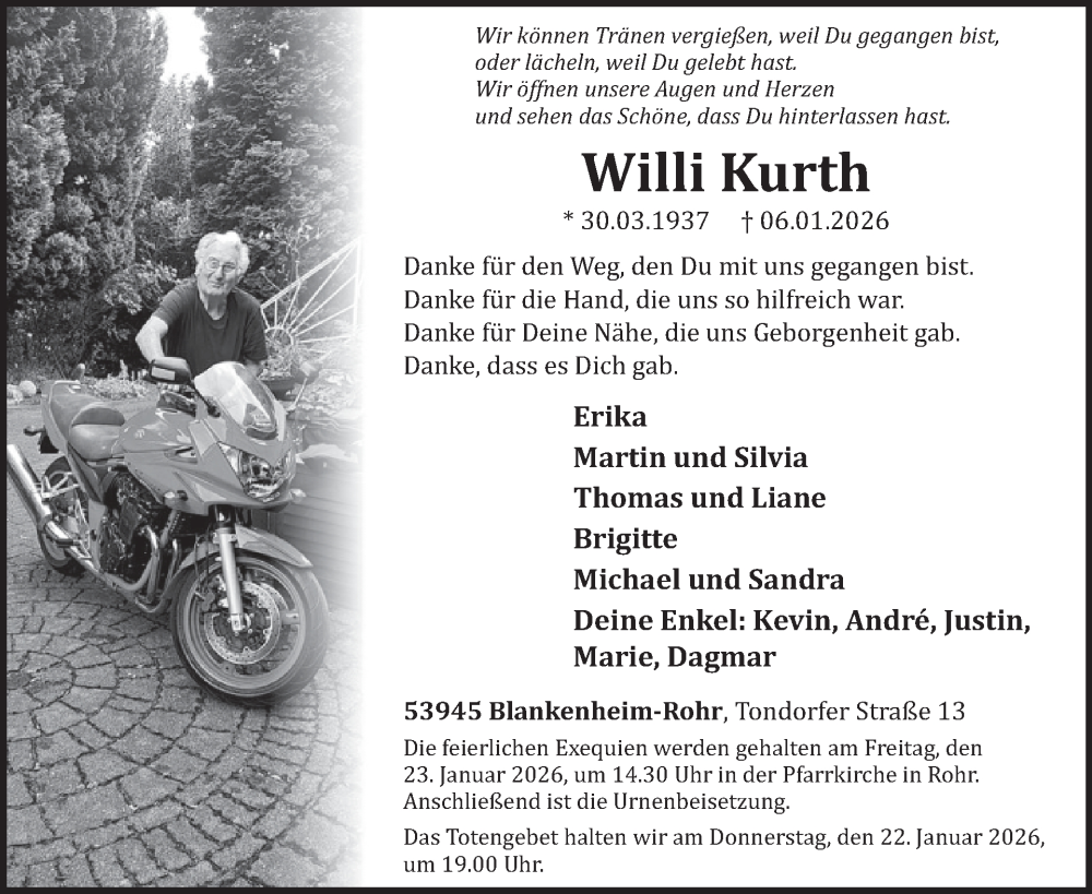  Traueranzeige für Willi Kurth vom 14.01.2026 aus WochenSpiegel