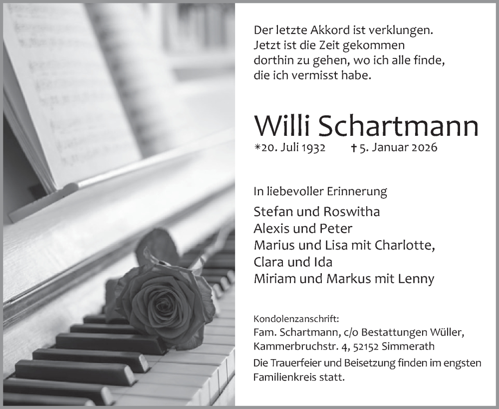  Traueranzeige für Willi Schartmann vom 14.01.2026 aus WochenSpiegel