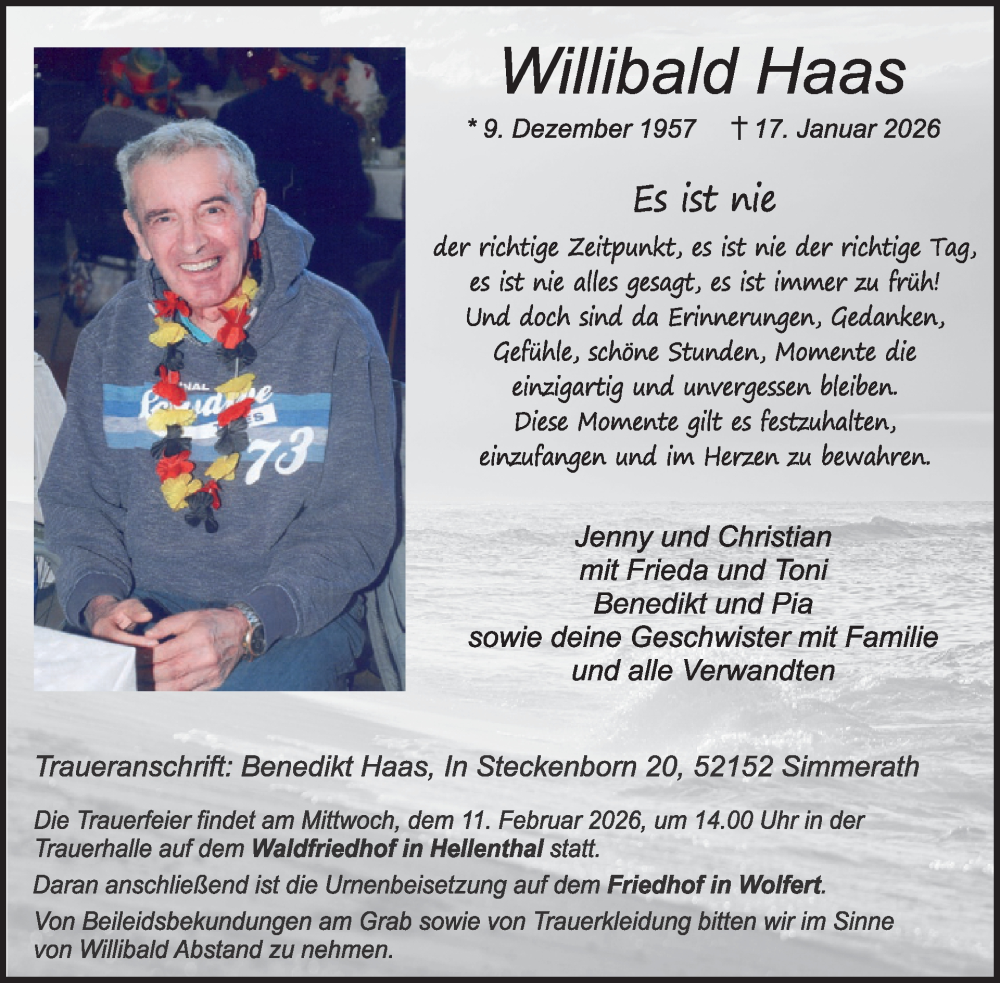  Traueranzeige für Willibald Haas vom 28.01.2026 aus WochenSpiegel