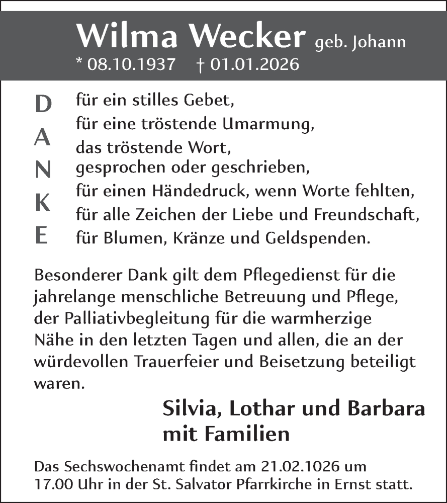  Traueranzeige für Wilma Wecker vom 21.01.2026 aus WochenSpiegel