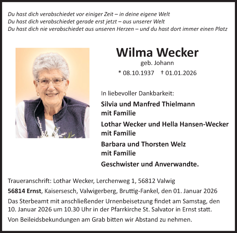  Traueranzeige für Wilma Wecker vom 07.01.2026 aus WochenSpiegel