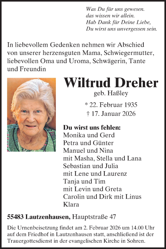Traueranzeige von Wiltrud Dreher von WochenSpiegel
