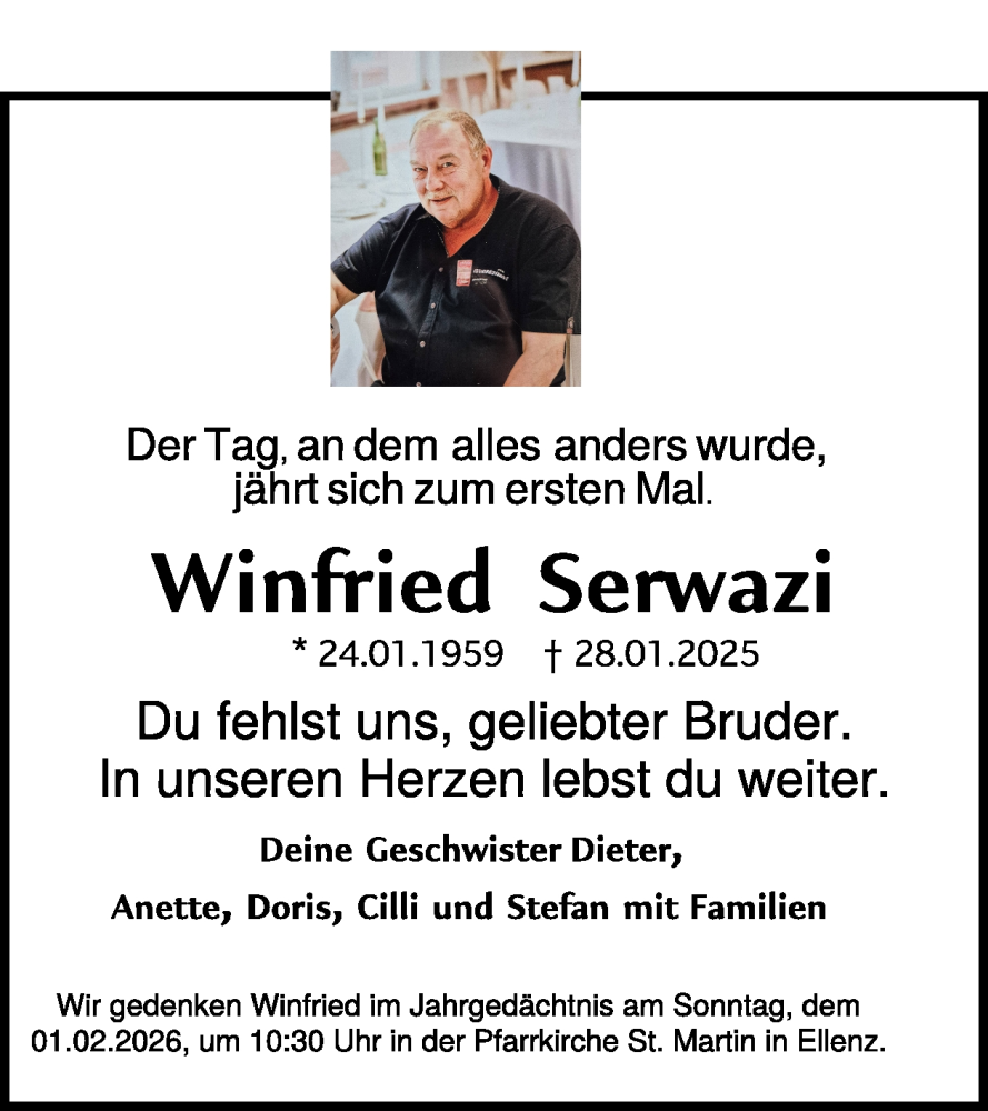  Traueranzeige für Winfried Serwazi vom 28.01.2026 aus WochenSpiegel