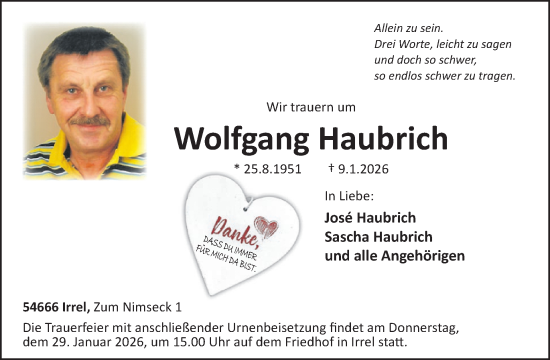 Traueranzeige von Wolfgang Haubrich von WochenSpiegel