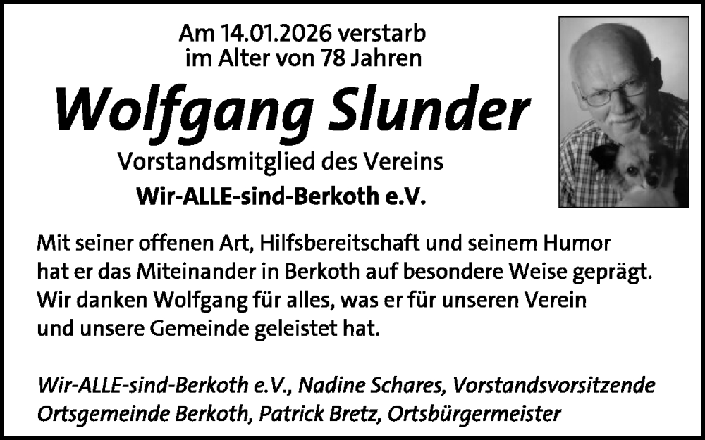  Traueranzeige für Wolfgang Slunder vom 30.01.2026 aus WochenSpiegel