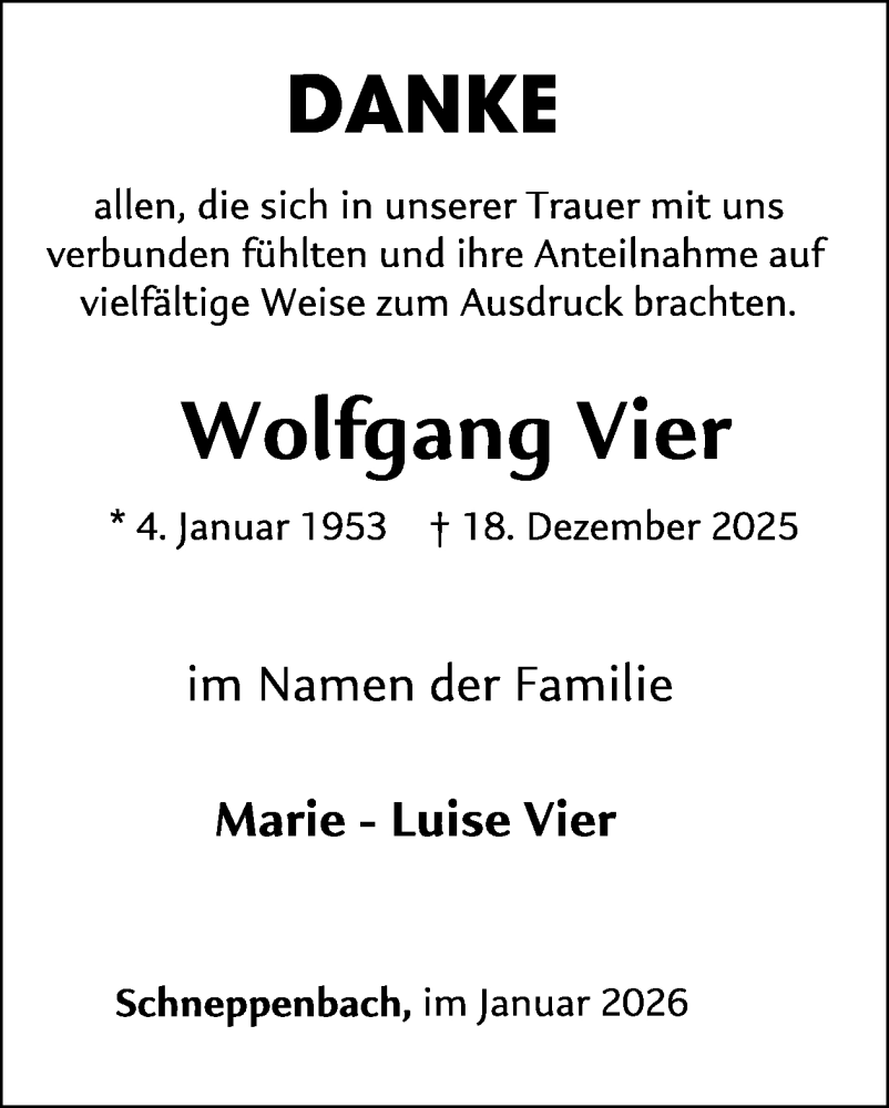  Traueranzeige für Wolfgang Vier vom 31.01.2026 aus WochenSpiegel
