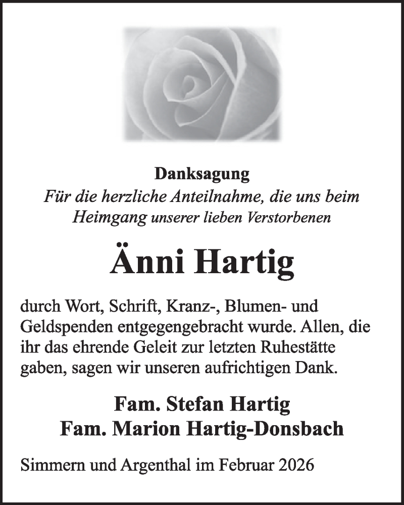  Traueranzeige für Änni Hartig vom 07.02.2026 aus WochenSpiegel