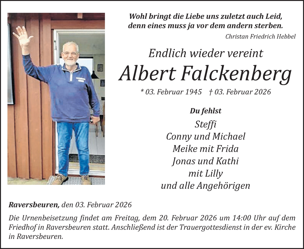 Traueranzeige für Albert Falckenberg vom 14.02.2026 aus WochenSpiegel