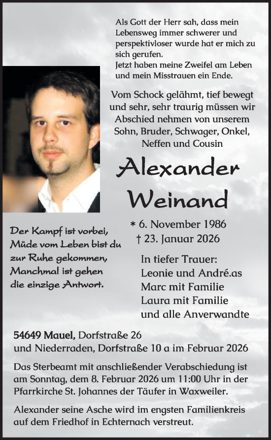 Traueranzeige von Alexander Weinand von WochenSpiegel