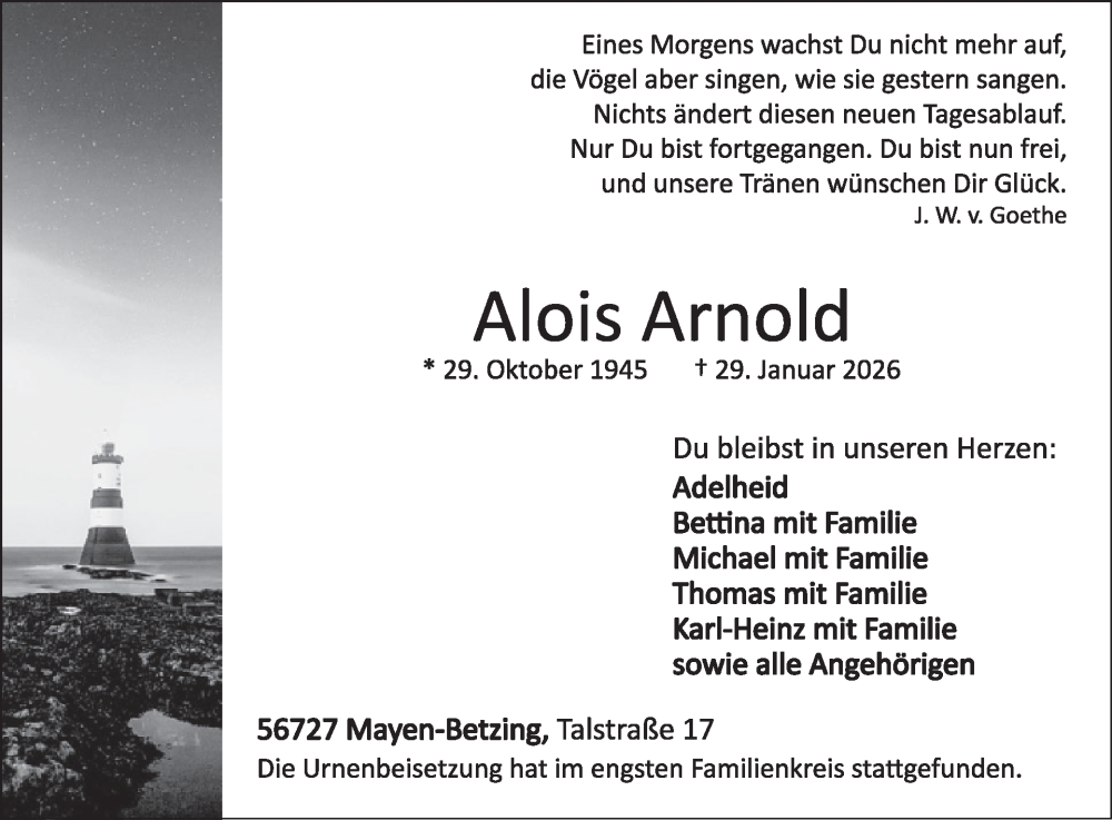  Traueranzeige für Alois Arnold vom 18.02.2026 aus WochenSpiegel