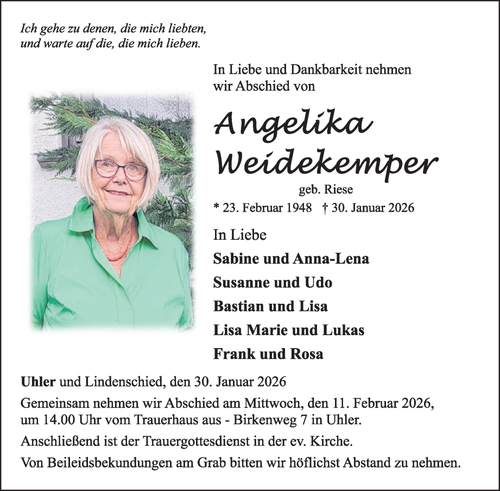  Traueranzeige für Angelika Weidekemper vom 07.02.2026 aus WochenSpiegel